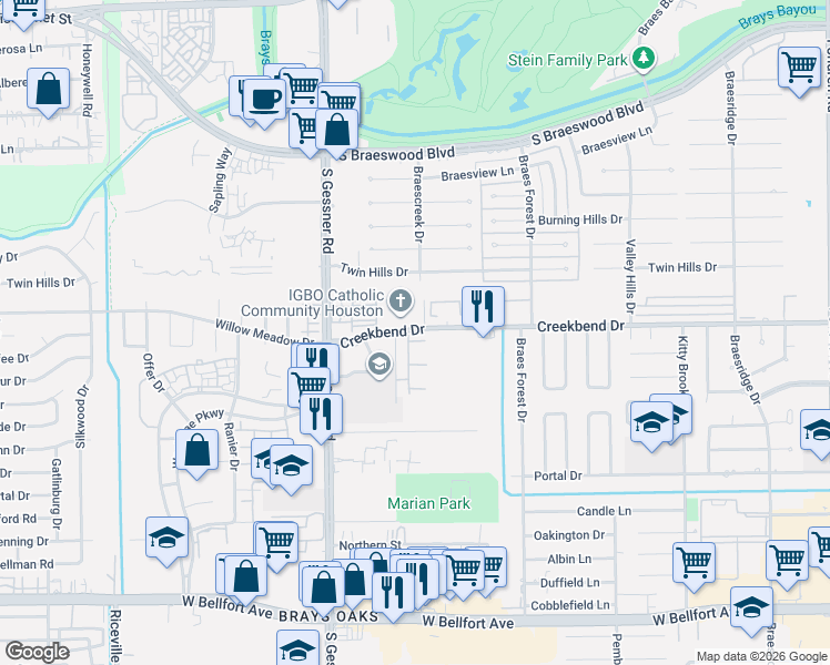 map of restaurants, bars, coffee shops, grocery stores, and more near 8241 Creekbend Drive in Houston