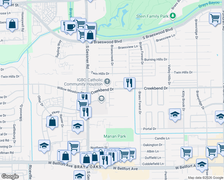 map of restaurants, bars, coffee shops, grocery stores, and more near 8241 Creekbend Drive in Houston