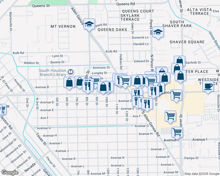 map of restaurants, bars, coffee shops, grocery stores, and more near 1006 Avenue B in South Houston