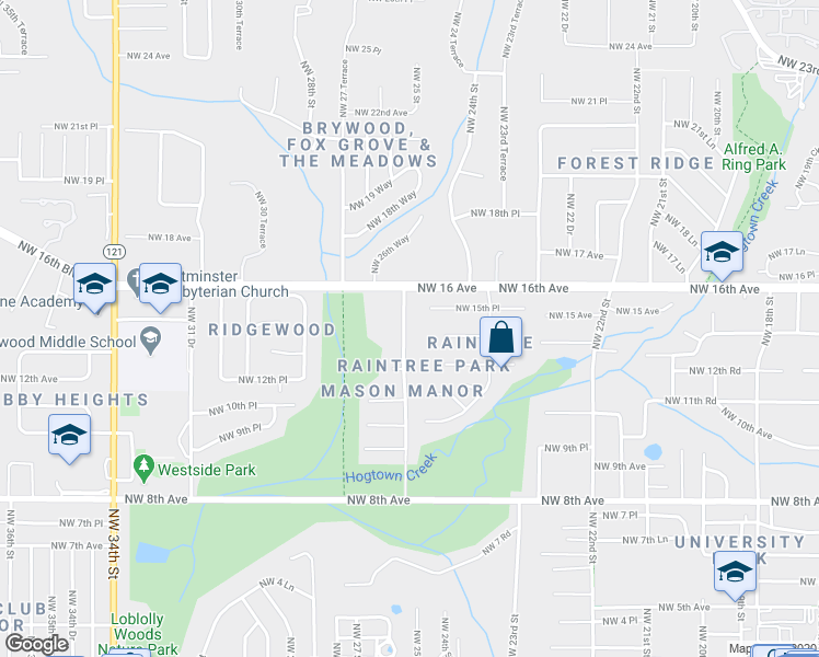 map of restaurants, bars, coffee shops, grocery stores, and more near 1401 Northwest 25th Terrace in Gainesville