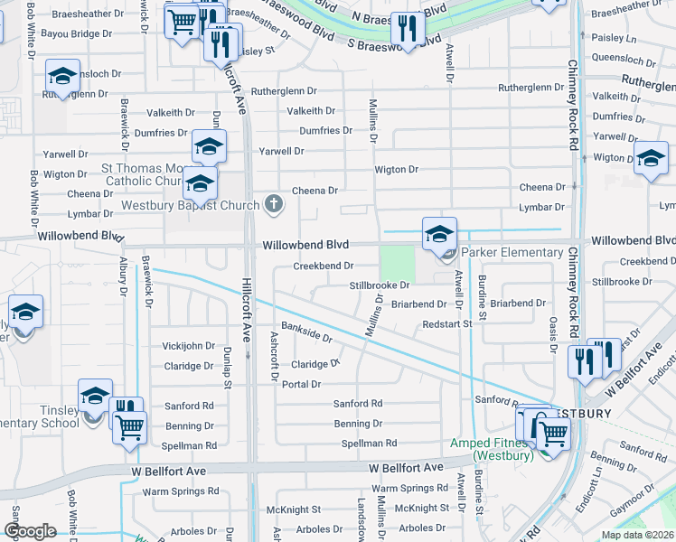 map of restaurants, bars, coffee shops, grocery stores, and more near 5738 Creekbend Drive in Houston