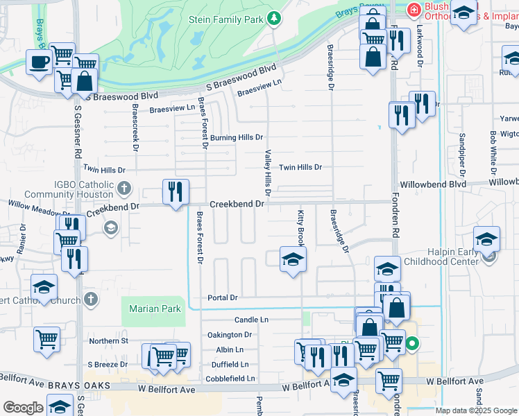 map of restaurants, bars, coffee shops, grocery stores, and more near 10703 Valley Hills Drive in Houston