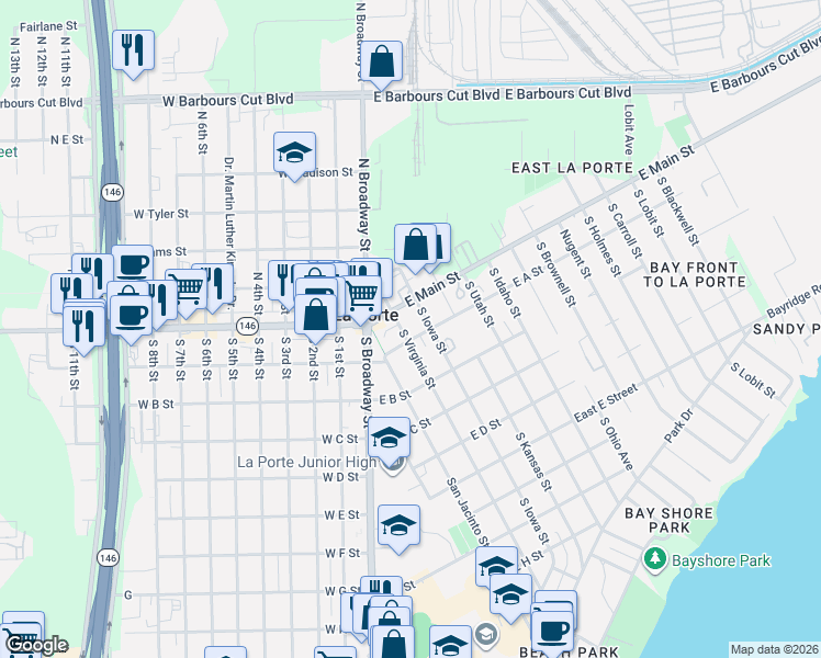 map of restaurants, bars, coffee shops, grocery stores, and more near 325 East A Street in La Porte