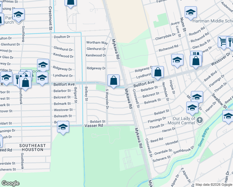 map of restaurants, bars, coffee shops, grocery stores, and more near 6150 Bellfort Avenue in Houston
