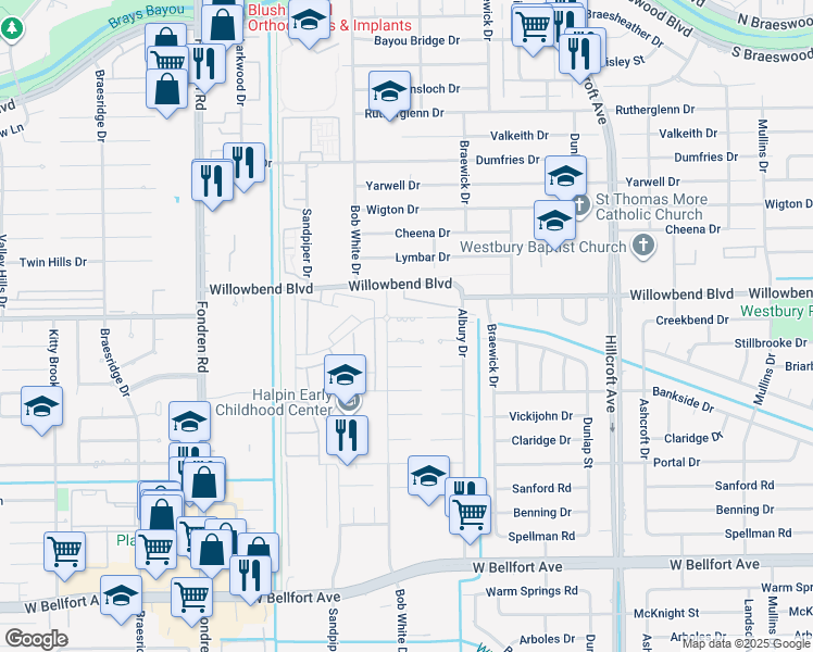 map of restaurants, bars, coffee shops, grocery stores, and more near 6215 Creekbend Drive in Houston