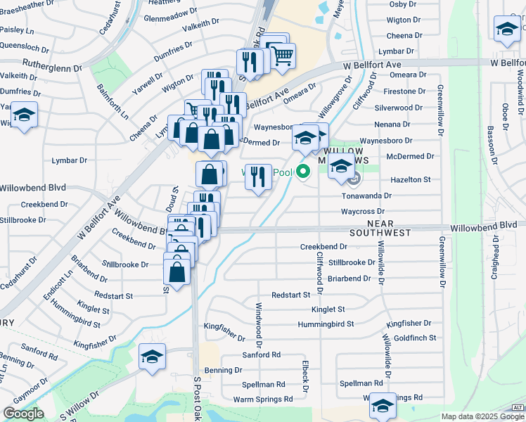 map of restaurants, bars, coffee shops, grocery stores, and more near 10617 Willowgrove Drive in Houston
