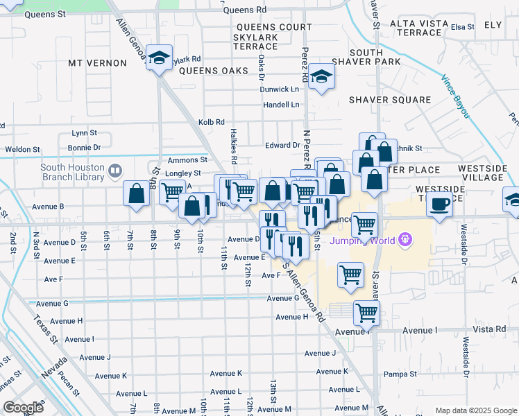 map of restaurants, bars, coffee shops, grocery stores, and more near 1203 Spencer Highway in South Houston