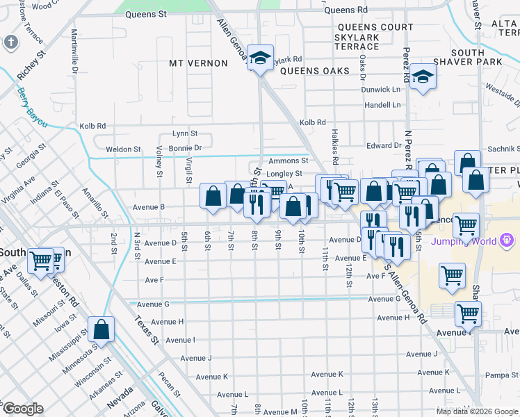 map of restaurants, bars, coffee shops, grocery stores, and more near 804 Avenue B in South Houston