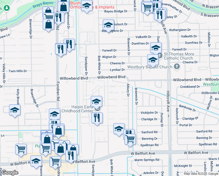 map of restaurants, bars, coffee shops, grocery stores, and more near 6215 Creekbend Drive in Houston