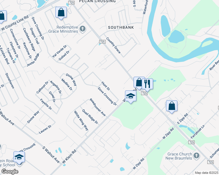 map of restaurants, bars, coffee shops, grocery stores, and more near 2631 Hunt Street in New Braunfels