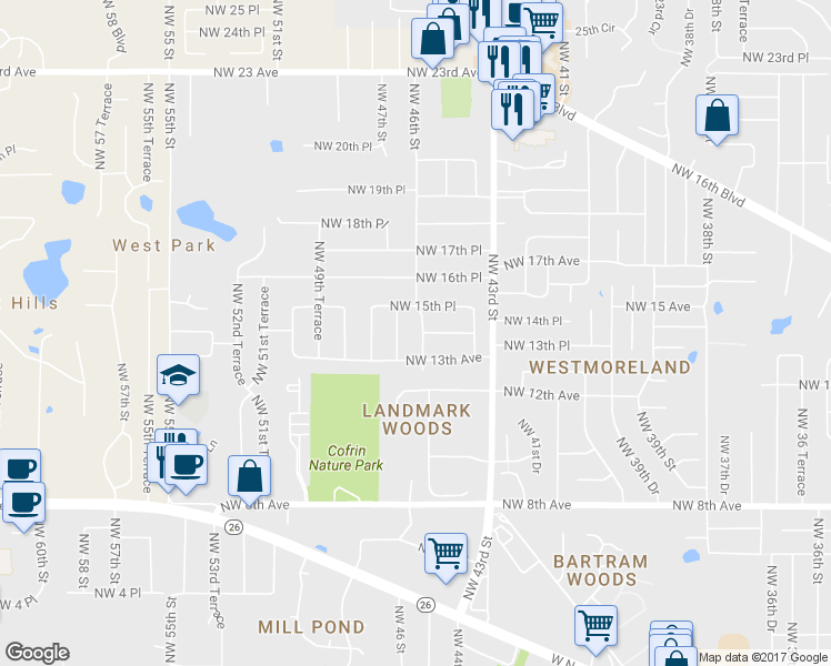 map of restaurants, bars, coffee shops, grocery stores, and more near 1410 Northwest 46th Street in Gainesville