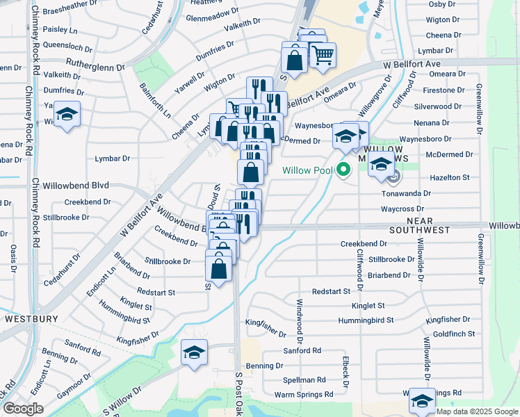 map of restaurants, bars, coffee shops, grocery stores, and more near 10601 South Post Oak Road in Houston