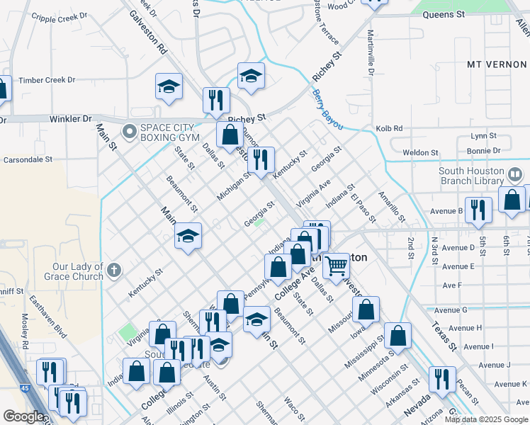 map of restaurants, bars, coffee shops, grocery stores, and more near 500 Georgia St in South Houston