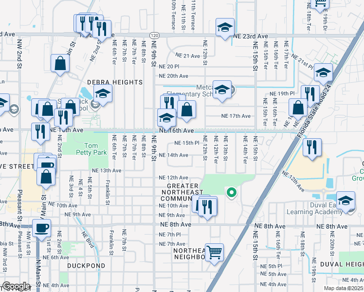 map of restaurants, bars, coffee shops, grocery stores, and more near 1037 Northeast 15th Place in Gainesville