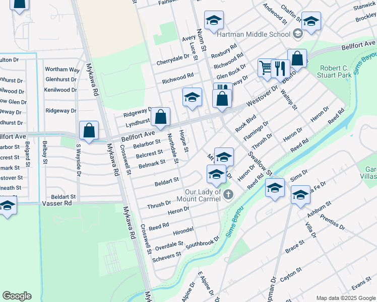 map of restaurants, bars, coffee shops, grocery stores, and more near 6657 Hogue St in Houston