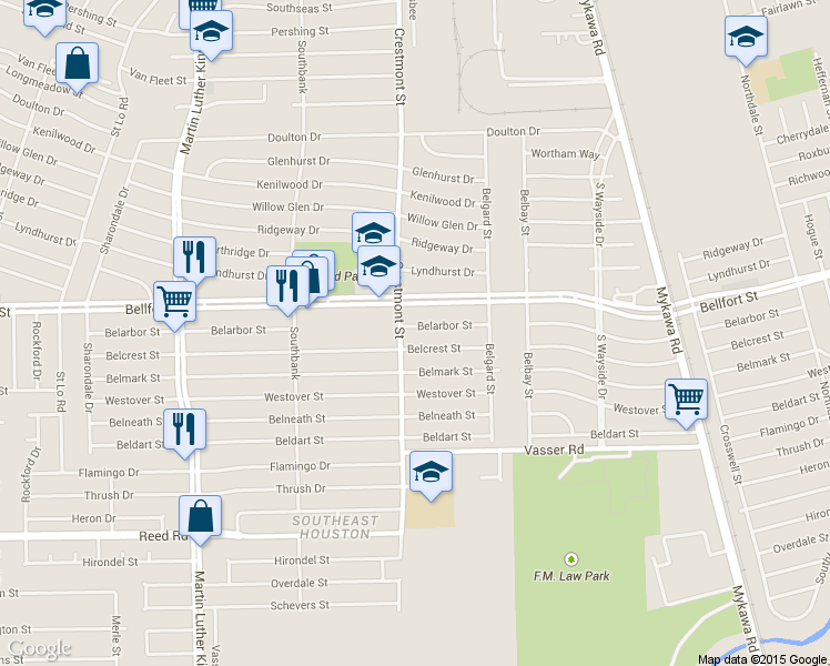 map of restaurants, bars, coffee shops, grocery stores, and more near 5910 Belarbor St in Houston