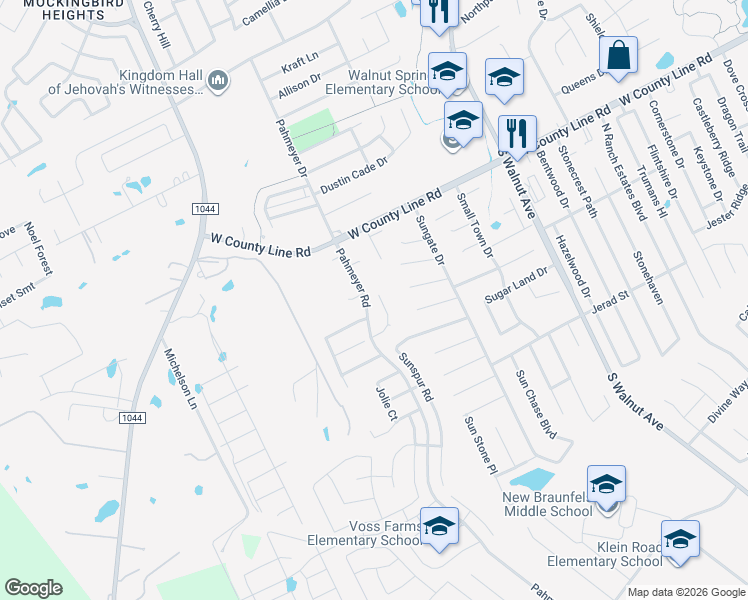 map of restaurants, bars, coffee shops, grocery stores, and more near 145 Woods End in New Braunfels