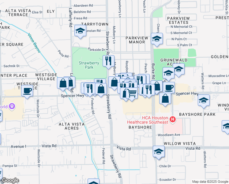 map of restaurants, bars, coffee shops, grocery stores, and more near 3409 Spencer Highway in Pasadena