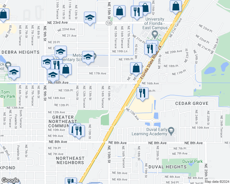 map of restaurants, bars, coffee shops, grocery stores, and more near 1615 Northeast 16th Avenue in Gainesville