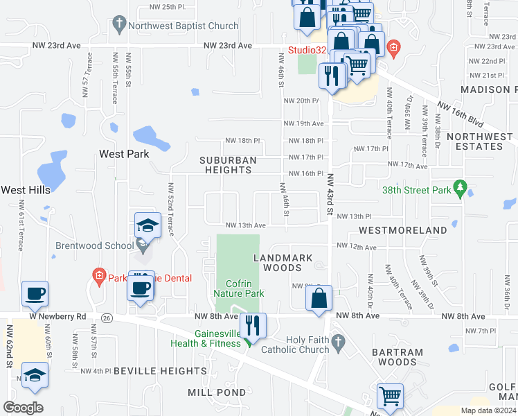 map of restaurants, bars, coffee shops, grocery stores, and more near 1411 Northwest 47th Terrace in Gainesville