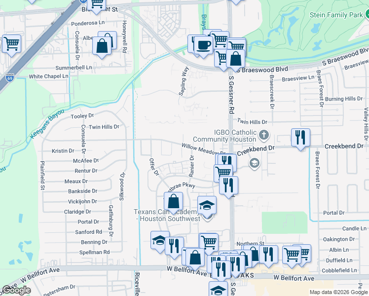 map of restaurants, bars, coffee shops, grocery stores, and more near 10603 Sapling Way in Houston