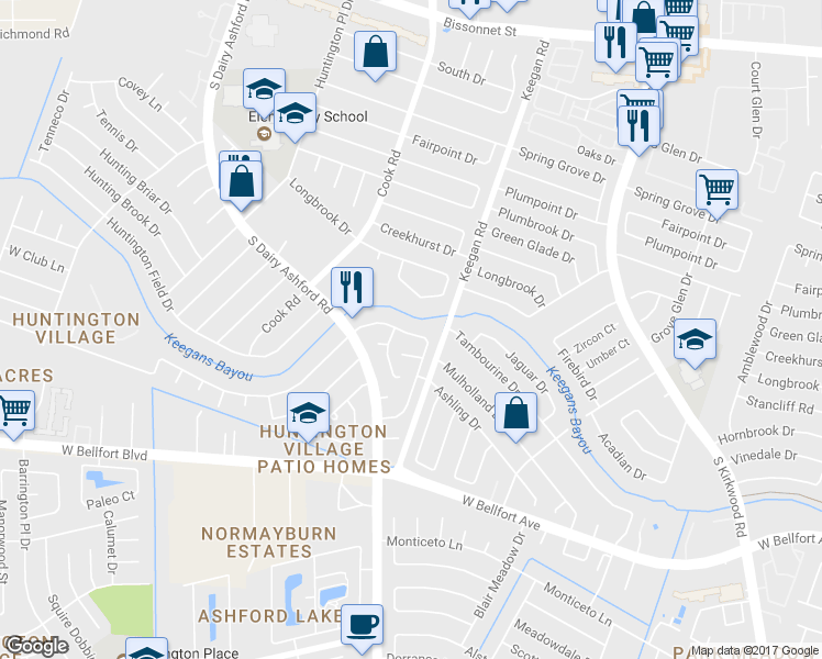 map of restaurants, bars, coffee shops, grocery stores, and more near 12122 Huntington Venture Dr in Houston