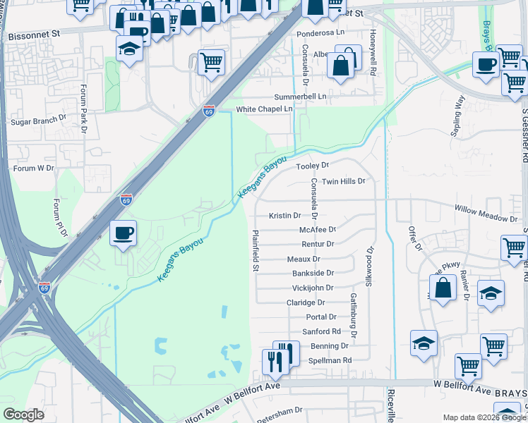 map of restaurants, bars, coffee shops, grocery stores, and more near 9426 Kristin Drive in Houston