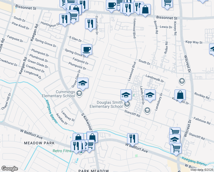 map of restaurants, bars, coffee shops, grocery stores, and more near 11522 Green Glade Drive in Houston