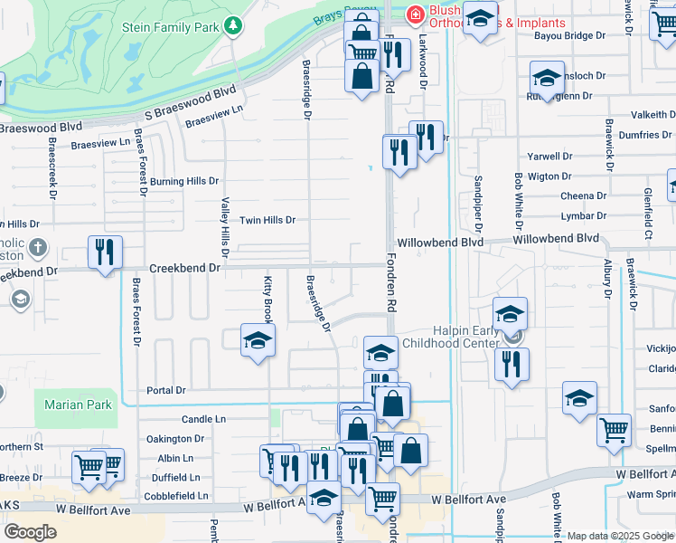 map of restaurants, bars, coffee shops, grocery stores, and more near 10703 Saint John Court in Houston