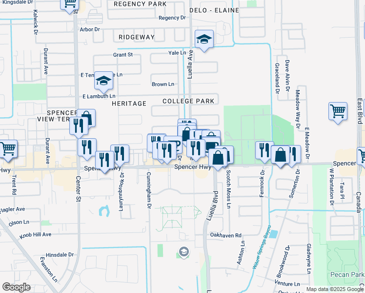 map of restaurants, bars, coffee shops, grocery stores, and more near 4901 College Park Drive in Deer Park