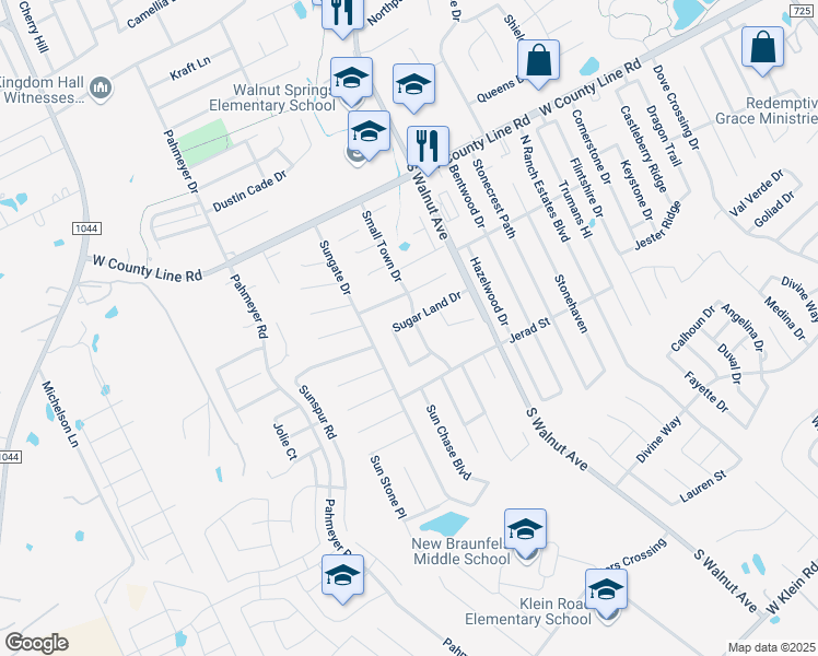 map of restaurants, bars, coffee shops, grocery stores, and more near 1317 Sugar Land Drive in New Braunfels