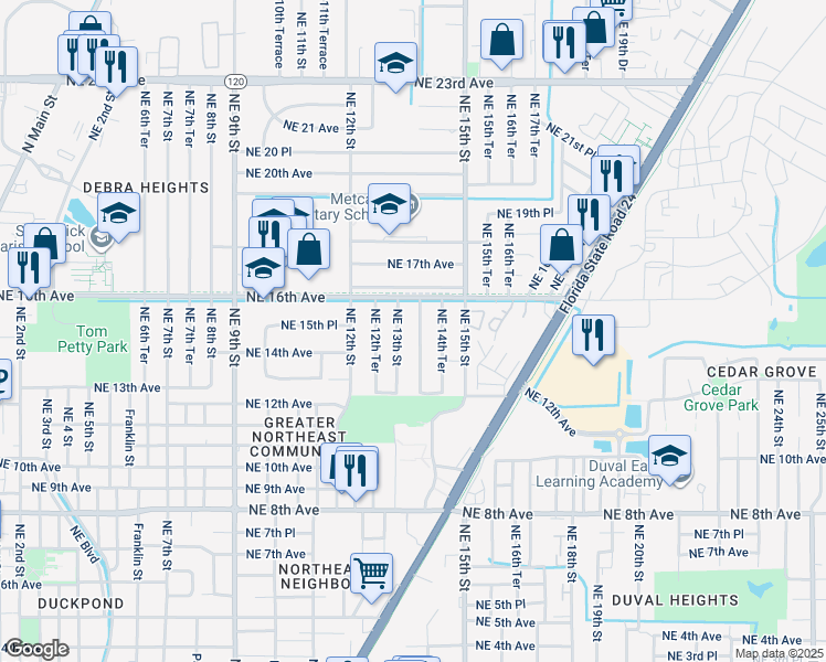 map of restaurants, bars, coffee shops, grocery stores, and more near 1428 Northeast 14th Street in Gainesville