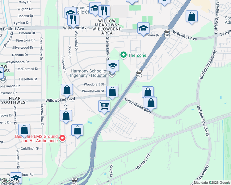 map of restaurants, bars, coffee shops, grocery stores, and more near 3888-3998 Willowbend Boulevard in Houston