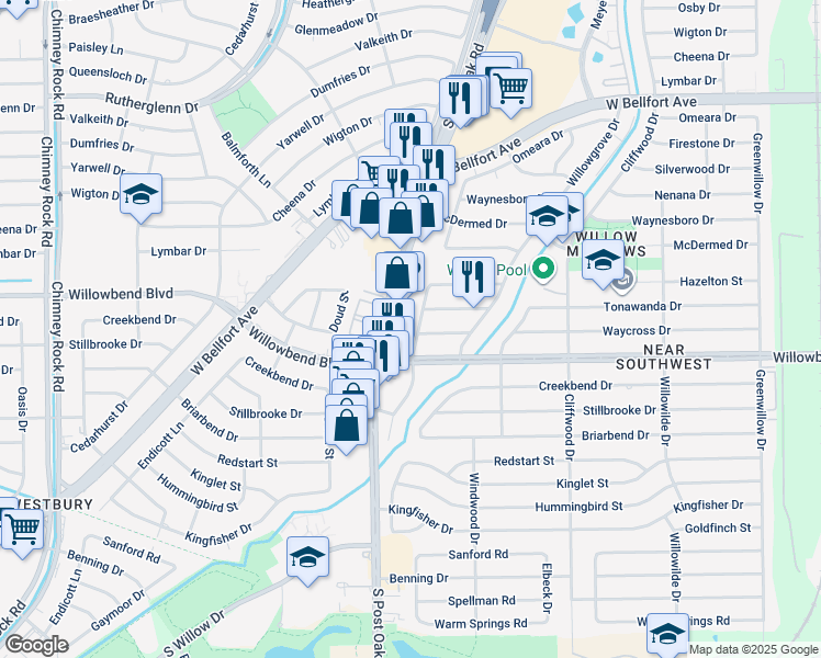 map of restaurants, bars, coffee shops, grocery stores, and more near 10601 South Post Oak Road in Houston