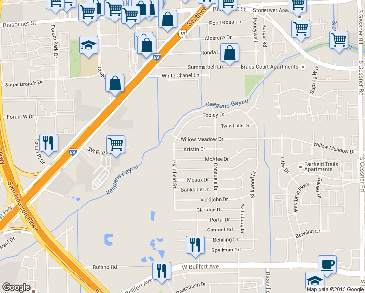 map of restaurants, bars, coffee shops, grocery stores, and more near 9426 Kristin Drive in Houston