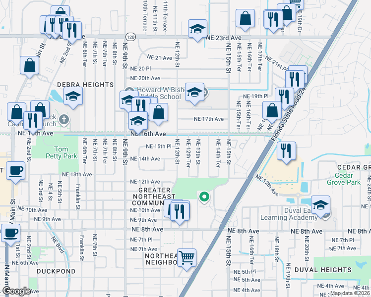 map of restaurants, bars, coffee shops, grocery stores, and more near 1430 Northeast 12th Terrace in Gainesville