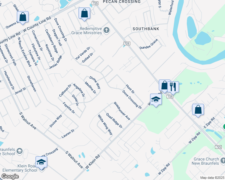 map of restaurants, bars, coffee shops, grocery stores, and more near 2554 Dove Crossing Drive in New Braunfels