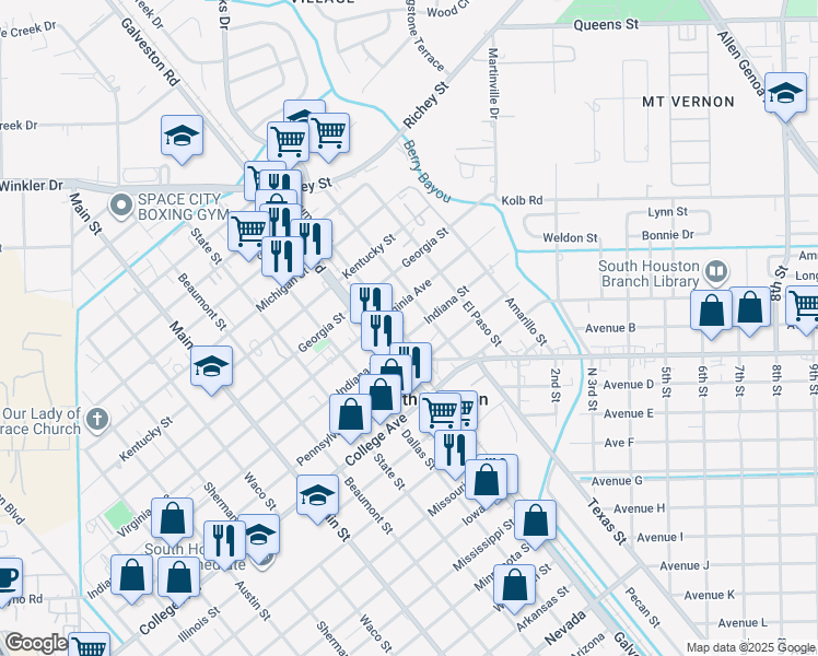 map of restaurants, bars, coffee shops, grocery stores, and more near 411 Indiana Street in South Houston
