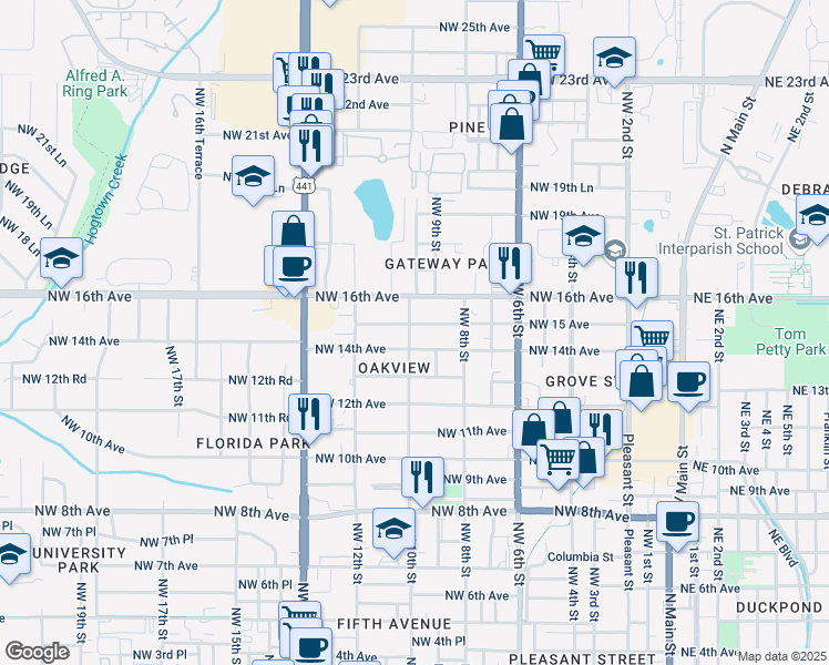 map of restaurants, bars, coffee shops, grocery stores, and more near 1421 Northwest 10th Street in Gainesville