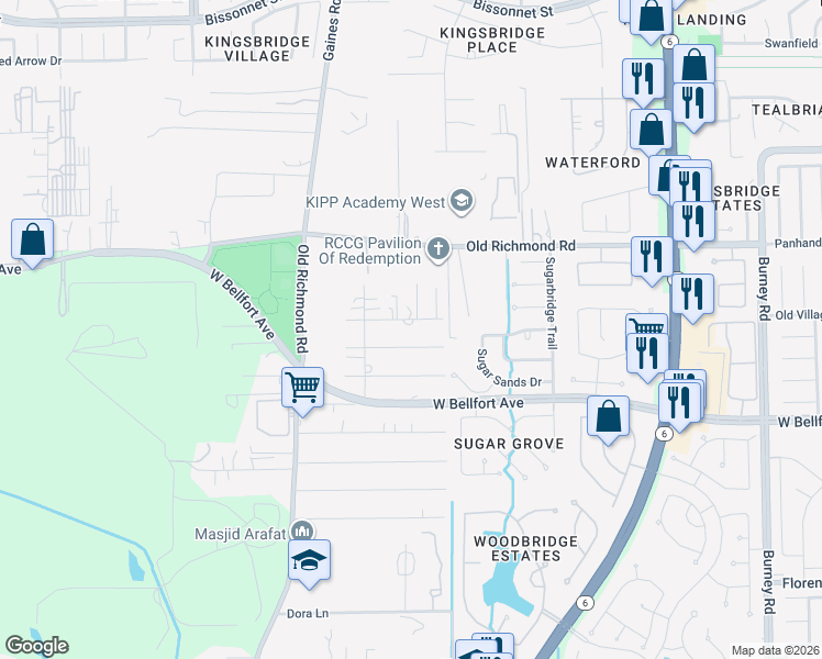 map of restaurants, bars, coffee shops, grocery stores, and more near 15119 Aurora Street in Sugar Land