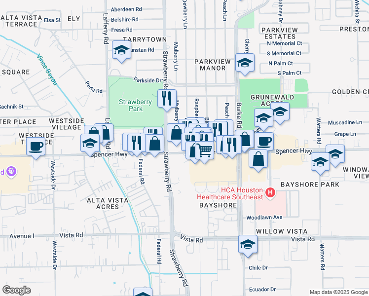 map of restaurants, bars, coffee shops, grocery stores, and more near 3409 Spencer Highway in Pasadena