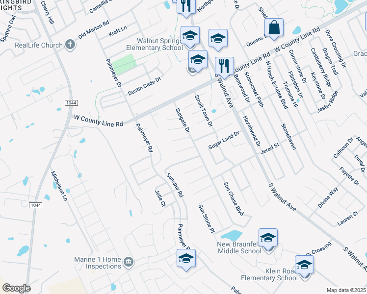 map of restaurants, bars, coffee shops, grocery stores, and more near 1624 Sunstone Circle in New Braunfels