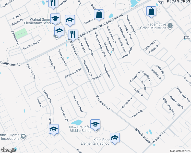 map of restaurants, bars, coffee shops, grocery stores, and more near 2184 Bentwood Drive in New Braunfels