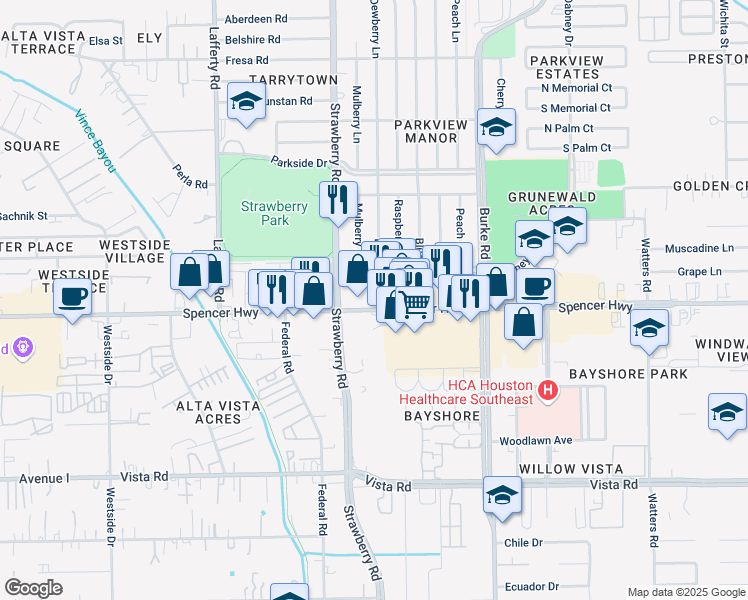 map of restaurants, bars, coffee shops, grocery stores, and more near 3409 Spencer Highway in Pasadena