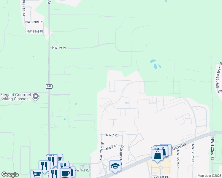 map of restaurants, bars, coffee shops, grocery stores, and more near 1367 Northwest 136th Street in Newberry