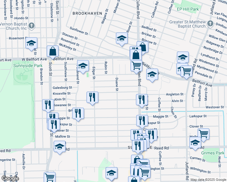 map of restaurants, bars, coffee shops, grocery stores, and more near 4525 Knoxville Street in Houston