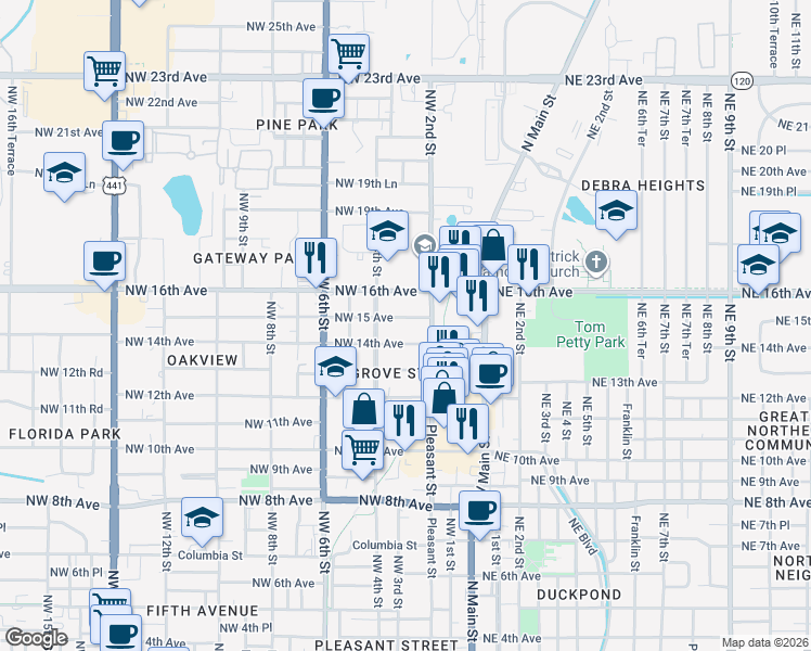 map of restaurants, bars, coffee shops, grocery stores, and more near 227 Northwest 15 Avenue in Gainesville