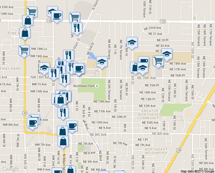 map of restaurants, bars, coffee shops, grocery stores, and more near 1426 Northeast 6th Terrace in Gainesville