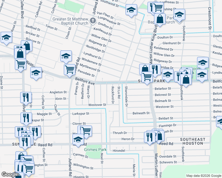 map of restaurants, bars, coffee shops, grocery stores, and more near 8114 Rockford Drive in Houston