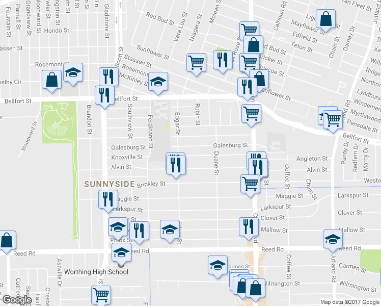 map of restaurants, bars, coffee shops, grocery stores, and more near 4421 Knoxville St in Houston